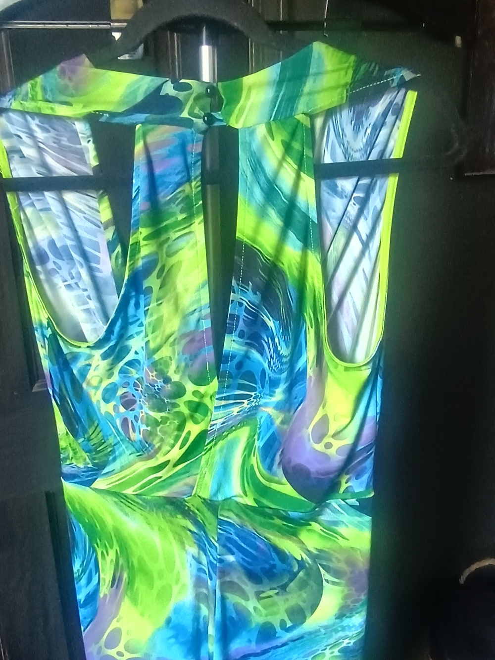 Fashion Nova Abstract Print Wide Leg Jumpsuit Women's Large Neon Blue Green Open - Picture 6 of 10